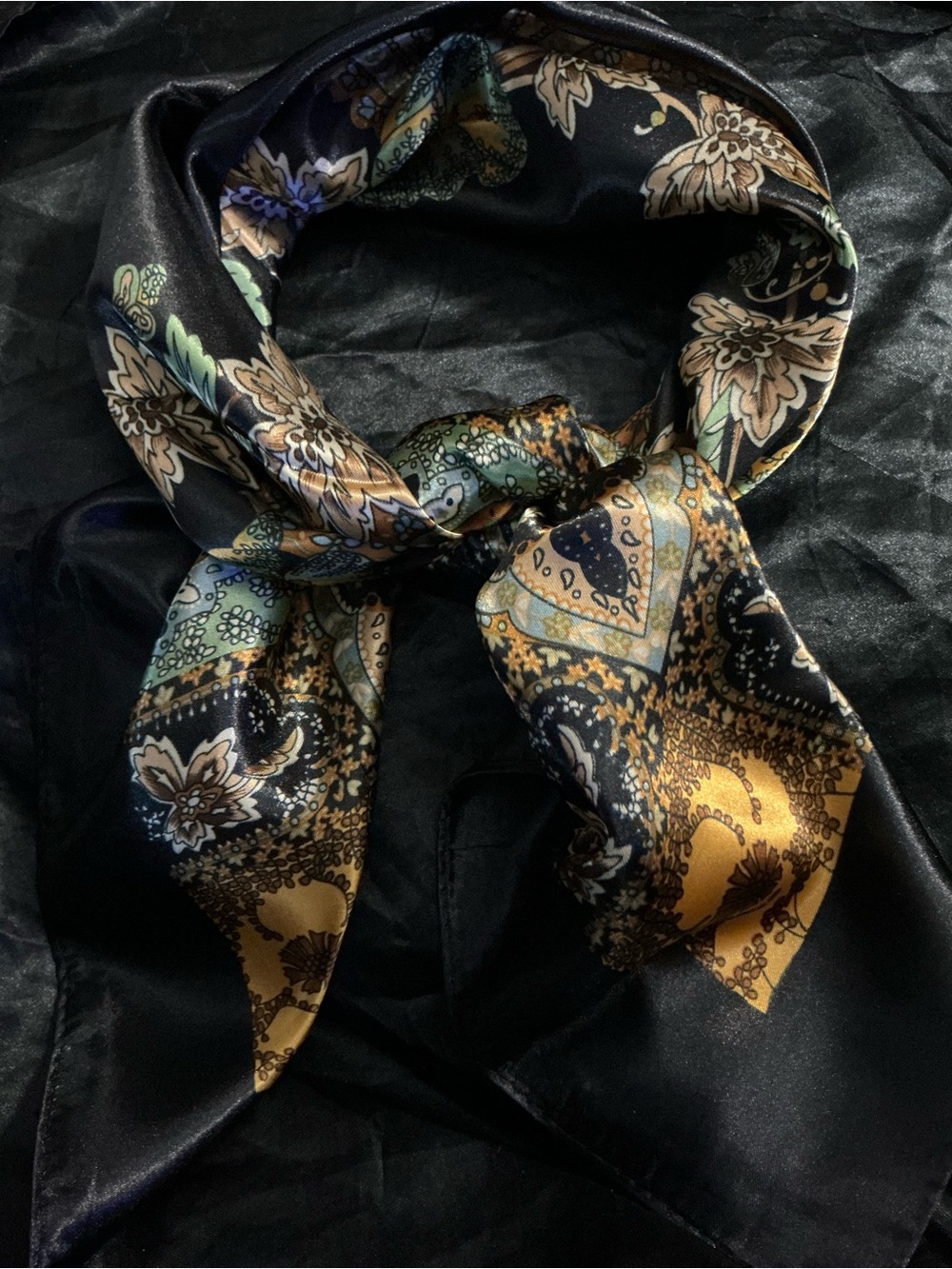 Silk Paisley Neck Scarf in Black, Gold & Green - Women Accessories